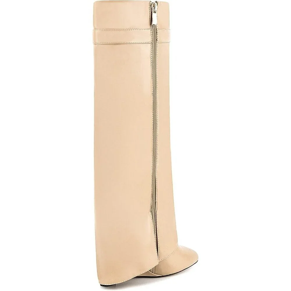 Women Faux Leather Beige Pull-on Wedge Heel Knee Shark Padlock Design Boot